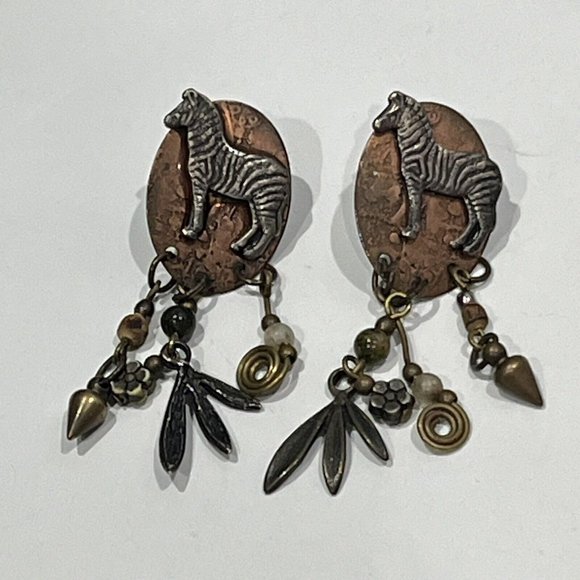 Vintage Jewelry - Vintage Metal Zebra Dangling Charm Earrings